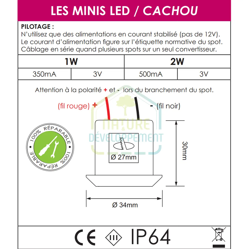 Mini spot LED encastrable pour milieu humide 2W gamme CACHOU – Image 6