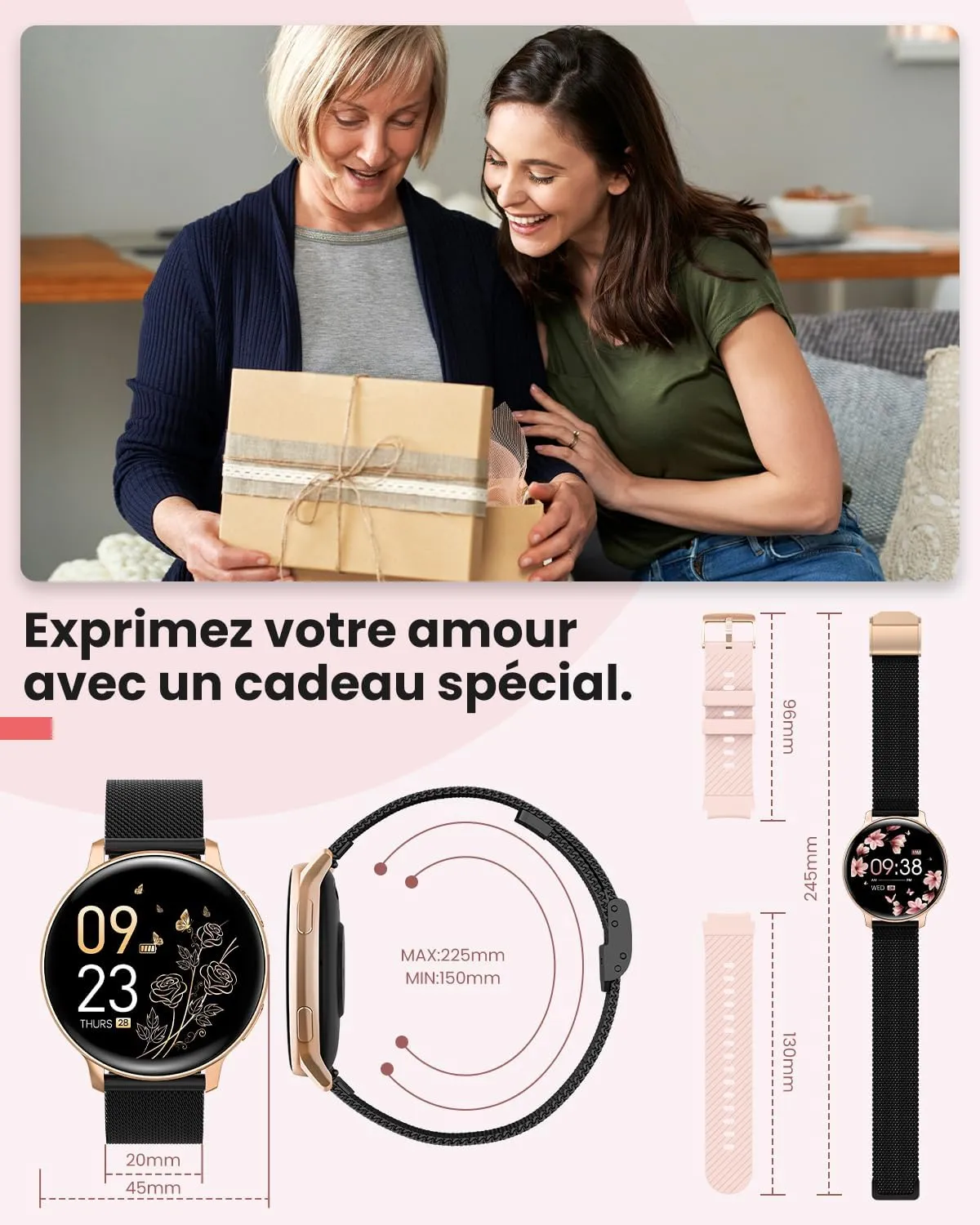 Montre Connectée Femme Bracelet Acier Noir – Image 8