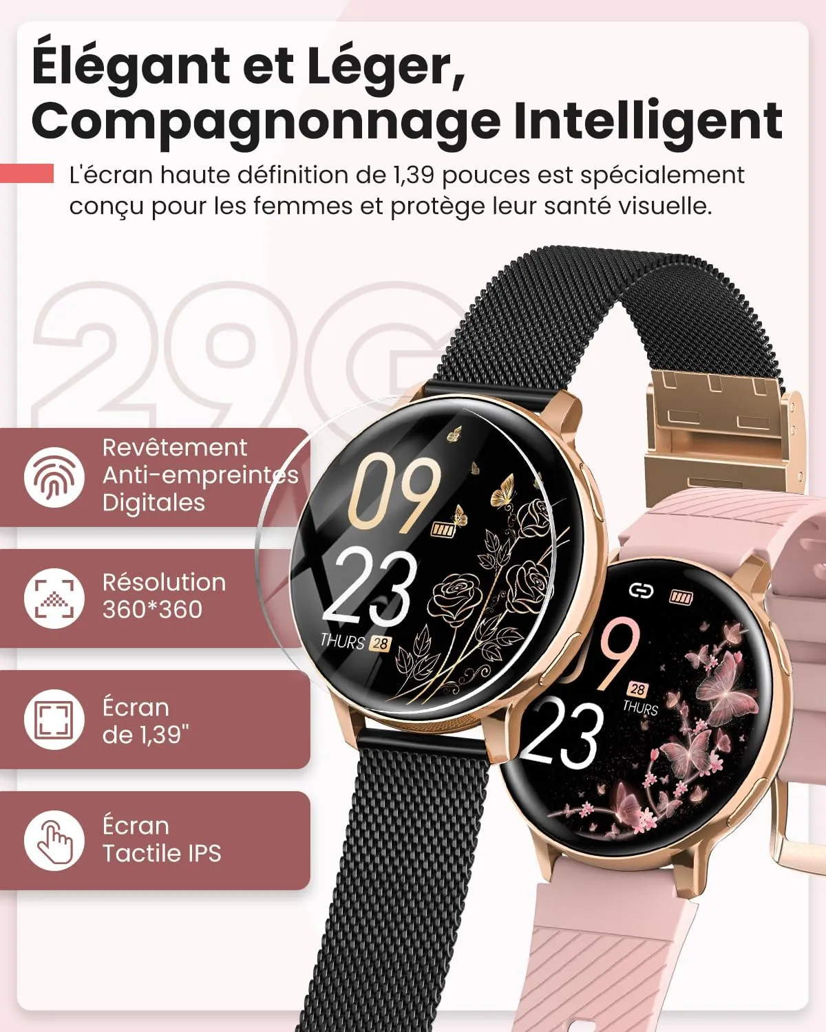 Montre Connectée Femme Bracelet Acier Noir – Image 3