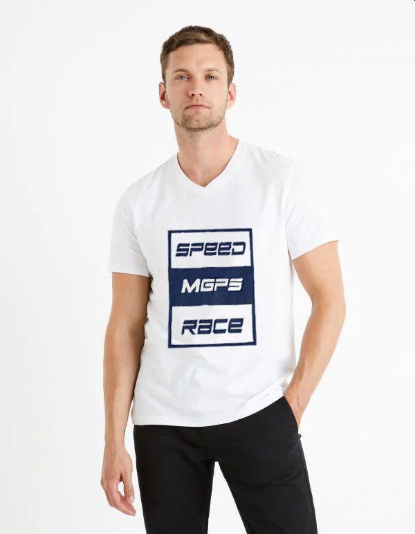 T-Shirt Pour Homme En Coton – Speed – Col V – Blanc