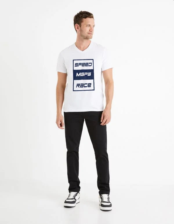 T-Shirt Pour Homme En Coton – Speed – Col V – Blanc – Image 2